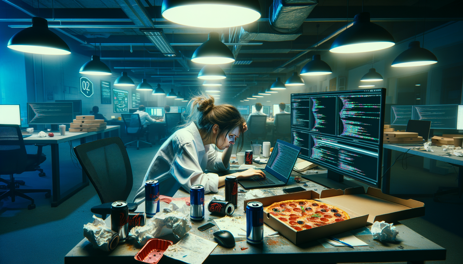 Exhausted software engineer working late at startup office